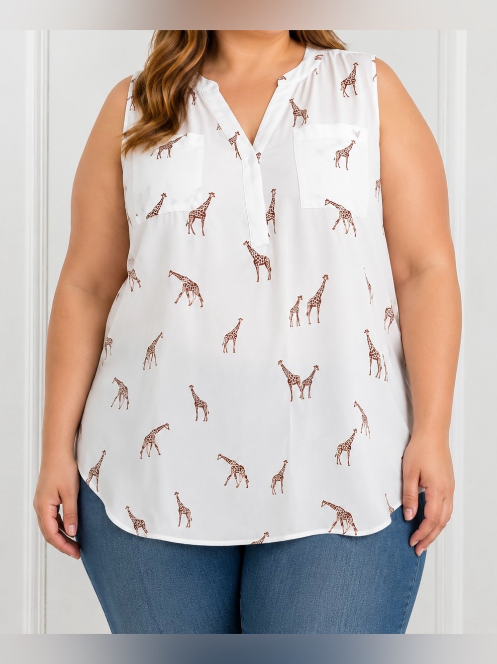 Torrid 6X Harper Sleeveless White Blouse All Over Giraffe Print
